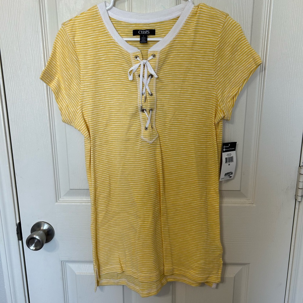 Chaps Yellow and White Striped Lace-Up Tee